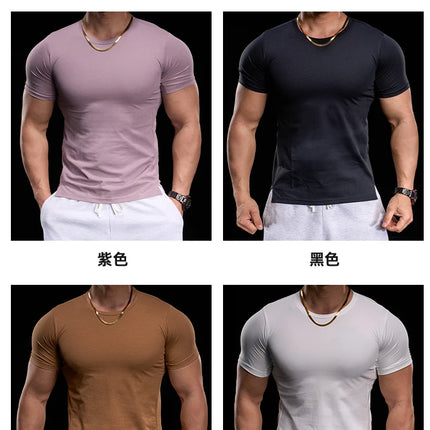Men's gym fitness workout clothing slim fit short sleeve breathable high elasticity sports T-shirt, running sports