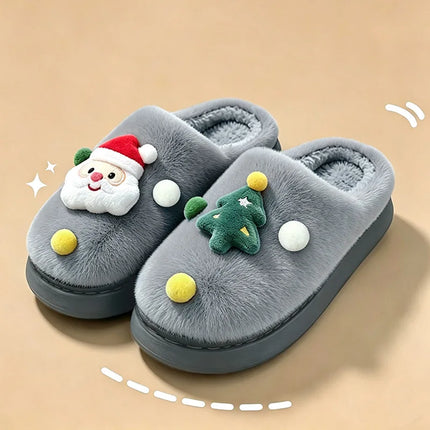 Christmas Plush Home Slippers Women Cute Cartoon Soft Sole Platform Cotton Slippers Couples Non Slip Warm Indoor Fur Slides