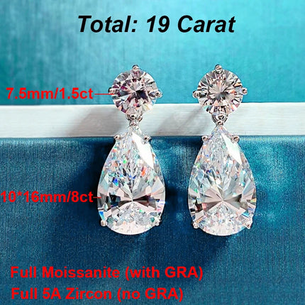 BXINY 19Carat All Moissanite Water Drop Earrings S925 Silver Pear Cut Diamond for Women Wedding Bride Gift Jewelry GRA Certified PlatiNum