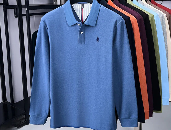 High-end branded long-sleeved polo shirt, 100% cotton, new business men's leisure lapel t-shirt, luxury comfort with Paul pony embroidery