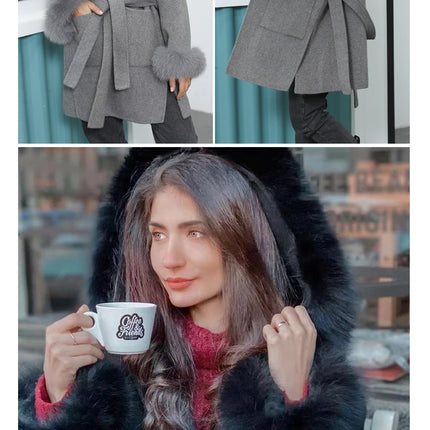MISSJANEFUR Wool Coat with Real Fox Fur Collar Cuff Women Fashion Belted Cashmere Coats Warm Winter Hooded Trench Peacoat