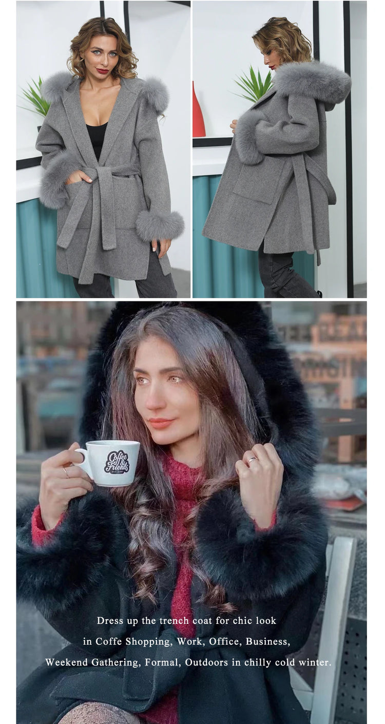 MISSJANEFUR Wool Coat with Real Fox Fur Collar Cuff Women Fashion Belted Cashmere Coats Warm Winter Hooded Trench Peacoat