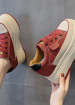Fujin 9cm 3 inch comfortable platform sneakers for women Genuine Leather Women Vulcanized Shoes Platform High Heels Casual Shoes PlatiNum