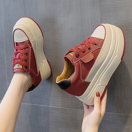 Fujin 9cm 3 inch comfortable platform sneakers for women Genuine Leather Women Vulcanized Shoes Platform High Heels Casual Shoes PlatiNum