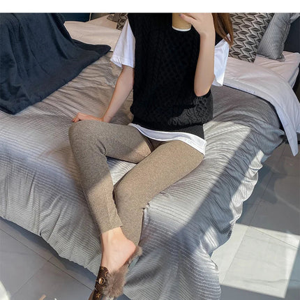 Autumn Winter Women Wool Thickening Leggings High Waist Ribbed Vertical Stripe Casual Knitted Leggings Warm Wear out Pantyhose PlatiNum