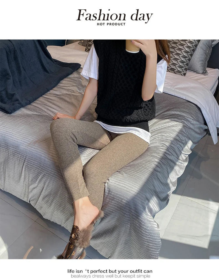 Autumn Winter Women Wool Thickening Leggings High Waist Ribbed Vertical Stripe Casual Knitted Leggings Warm Wear out Pantyhose PlatiNum