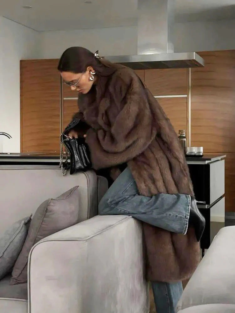 ZADORIN 120cm Super Long Luxury Winter Brown Faux Fur Coat Woman Elegant Belted Lapel Thick Fluffy Fur Jacket High Quality Coats