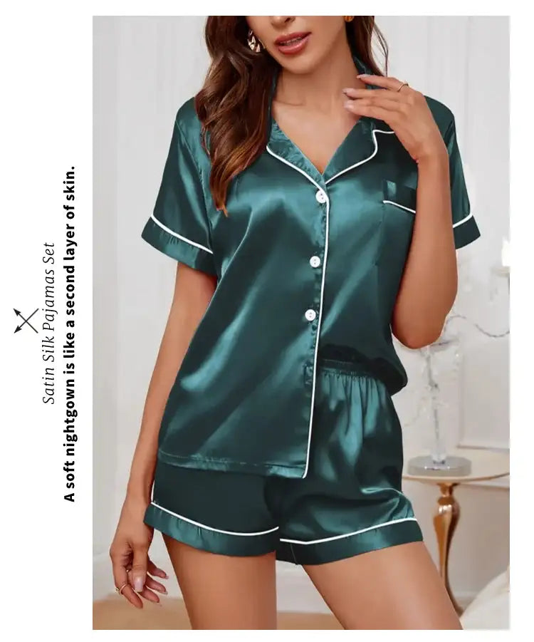 Pigiama da donna in raso di seta estivo Set Top e pantaloncini abbottonati 2 pezzi indumenti da notte colletto dentellato indumenti da notte Loungewear per le donne platinumshop
