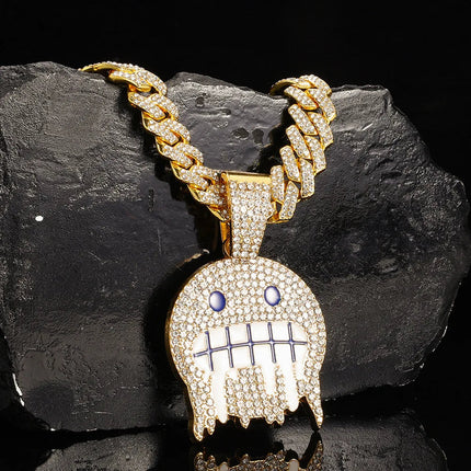 Men White Blue Cubic Zirconia Paved Hip Hop Round Face Pendants Necklaces with Cuban Chain Iced Out Bling CZ Fashion Boy Jewelry PlatiNum