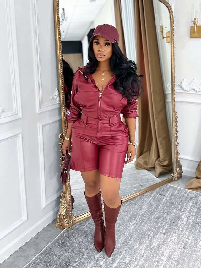 Yomesugar Autumn Sexy PU Leather 2 Piece Sets Women Hipster Zip Hooded Full Sleeve Crop Jacket and Shorts Matching Streetwear
