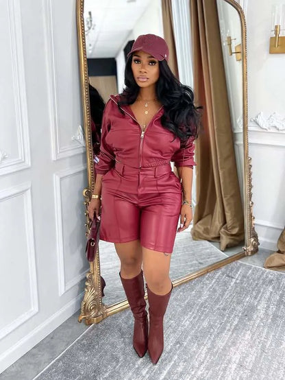 Yomesugar Autumn Sexy PU Leather 2 Piece Sets Women Hipster Zip Hooded Full Sleeve Crop Jacket and Shorts Matching Streetwear