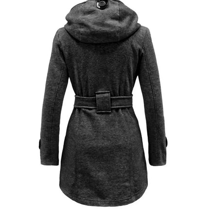2026 Autumn Women's Hooded Overcoat Trend Double-Breasted Design Belt Side Pockets Plaid Splice Woolen Coats Winter Jacket Femme