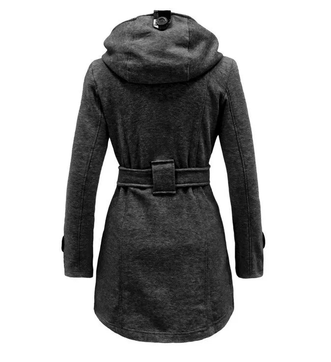 2026 Autumn Women's Hooded Overcoat Trend Double-Breasted Design Belt Side Pockets Plaid Splice Woolen Coats Winter Jacket Femme