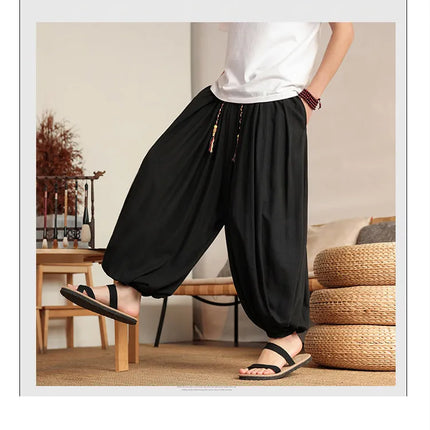 Pantaloni Larghi in Lino da Uomo, Tinta Unita, Casual e Comodi, Stile Harun, Moda Harajuku, Taglie Fino alla 8XL