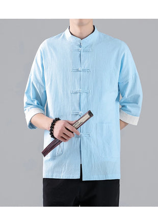 Camicie in Stile Cinese per Uomo, Top Tradizionale Tang in Lino a Mezza Manica, Camicia Kung Fu Hanfu Vintage Casual, Taglie Grandi fino a 5XL