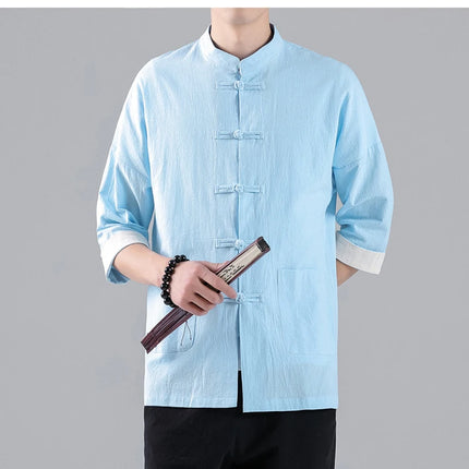 Camicie in Stile Cinese per Uomo, Top Tradizionale Tang in Lino a Mezza Manica, Camicia Kung Fu Hanfu Vintage Casual, Taglie Grandi fino a 5XL