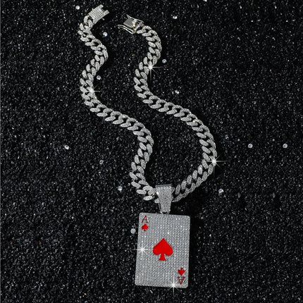 Men Women Hip Hop Poker Pendant Necklace with 13mm Cuban Chain Hiphop Iced Out Red Peach A Necklaces Fashion Punk Jewelry Gifts PlatiNum