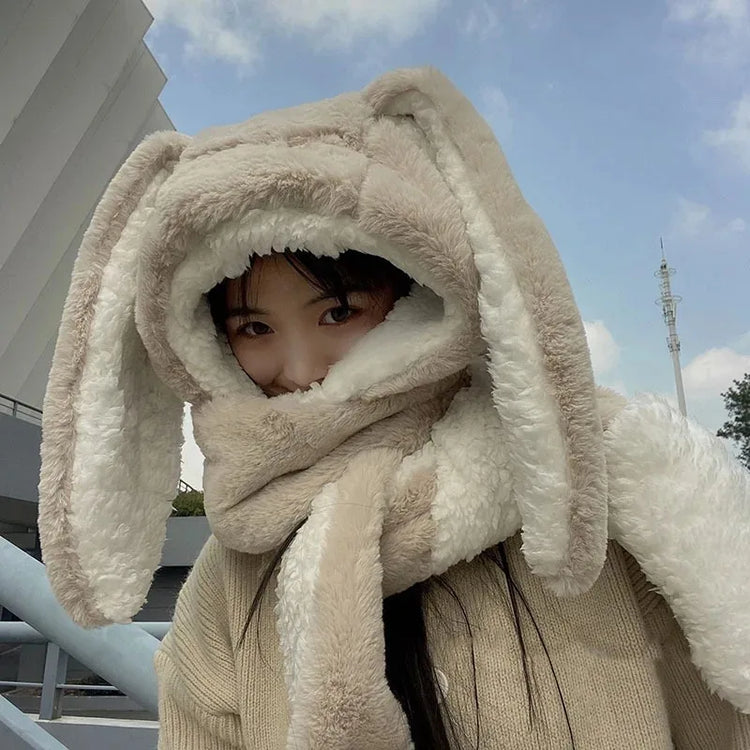 New Fashion Scarf Hat Glove Women Cute Big Ear Bunny Beanie Winter Warm Soft Thickening Pocket Warm Ear Hats Hooded Skullie Caps