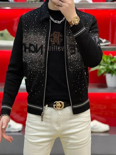 Men's Black Rhinestone Denim Jacket Luxury Sparkly Zip Up Slim Fit Casual Streetwear Coat