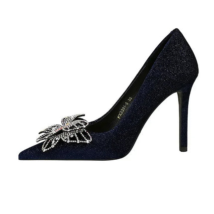 NUOVE Décolleté da donna con strass Tacchi alti a farfalla 10 CM Tacchi a spillo da donna in pelle scamosciata Scarpe da banchetto di lusso Scarpe da sposa di moda