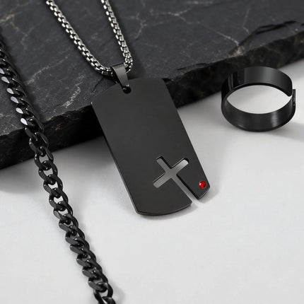 Set di 3 Pezzi: Collana Dogtag per Uomini e Ragazzi, Bracciale con Catena Cubana in Acciaio Inossidabile, Set di Anelli Impermeabili Regalo platinumshop