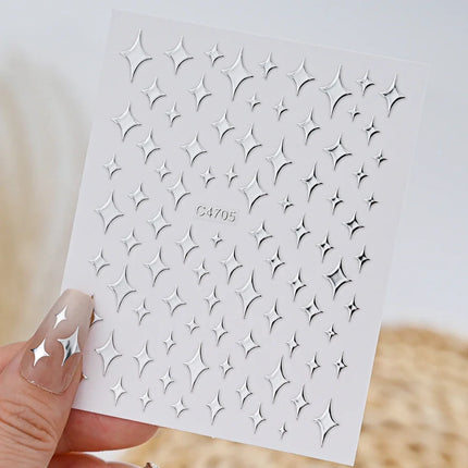 6Sheets Metallic Silver 3D Nail Art Stickers Self‑Adhesive Decals Star Chain Heart Pattern for DIY Manicure Nail Decor Accessories