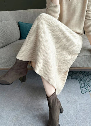 100% Cashmere Skirt Women's Mid-calf Dress Herring Bone High Waist High-end Versatile Knitted Skirt Autumn Winter Office Lady PlatiNum