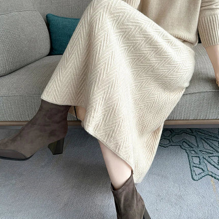 100% Cashmere Skirt Women's Mid-calf Dress Herring Bone High Waist High-end Versatile Knitted Skirt Autumn Winter Office Lady PlatiNum