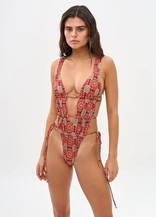 2025 Nuove stampe retrò scava fuori costume intero donna sexy costumi da bagno con lacci tropicale estate beachwear costume da bagno tuta platinumshop