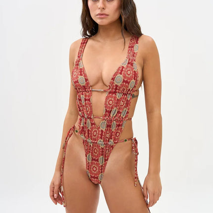 2025 Nuove stampe retrò scava fuori costume intero donna sexy costumi da bagno con lacci tropicale estate beachwear costume da bagno tuta platinumshop