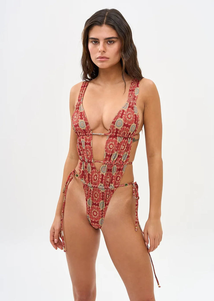 2025 Nuove stampe retrò scava fuori costume intero donna sexy costumi da bagno con lacci tropicale estate beachwear costume da bagno tuta platinumshop