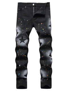 Men Star Painted Denim Jeans Casual Graffiti Print Slim Straight Pants Black Stretch Cotton Spandex Trousers