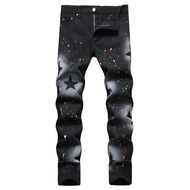 Men Star Painted Denim Jeans Casual Graffiti Print Slim Straight Pants Black Stretch Cotton Spandex Trousers