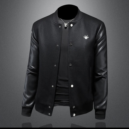 Minglu Spring Autumn Stand Collar Men's Jackets Luxury Bee Embroidery Single Breasted Sport Casual Male Coats Man Overcoat 5XL