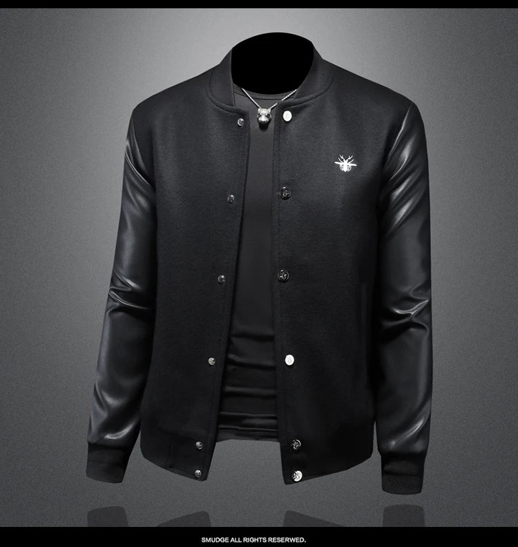 Minglu Spring Autumn Stand Collar Men's Jackets Luxury Bee Embroidery Single Breasted Sport Casual Male Coats Man Overcoat 5XL