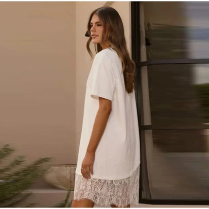 T-Shirt Dress with Lace and Asymmetrical Hem, Short Sleeves, Crew Neck, Casual and Comfortable Mini Dress, Summer Fashion 2026 Streetwear