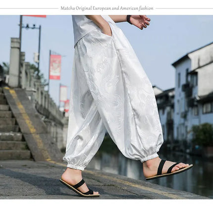 Vendite calde Pantaloni Da Uomo 2024 Nuovo Drago di Seta del Ghiaccio Fiore Scuro Bloomers Moda Allentata Gamba Larga Casual di Alta Qualità Pantaloni Maschili di Marca
