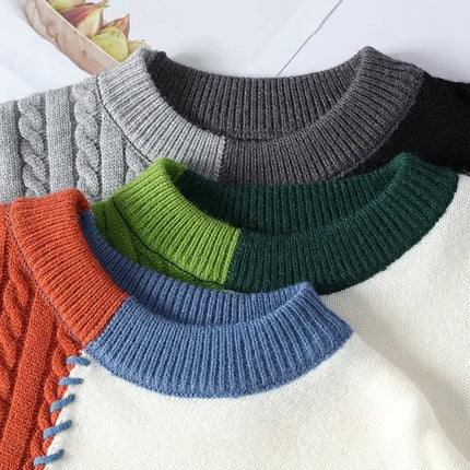 2024 Patchwork Knitted Sweater Trend High Street Autumn Winter Warm Men's Tops Hip-hop Street Clothing Fishing Sports Pullover