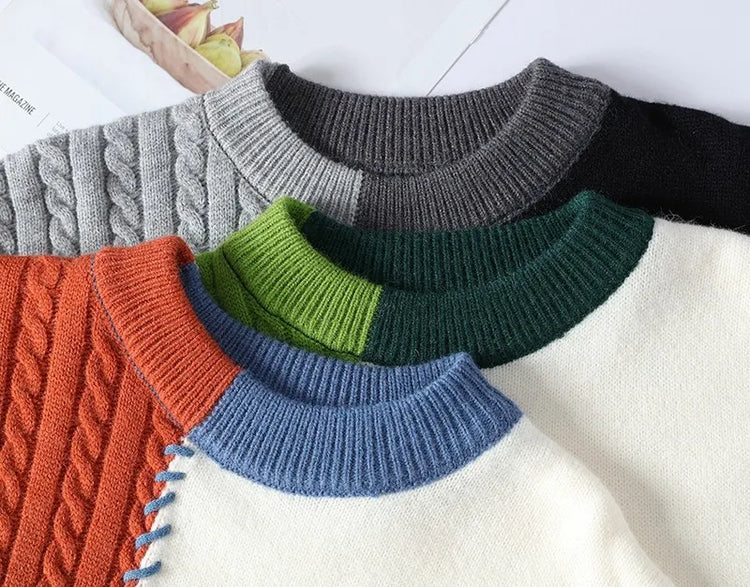 2024 Patchwork Knitted Sweater Trend High Street Autumn Winter Warm Men's Tops Hip-hop Street Clothing Fishing Sports Pullover