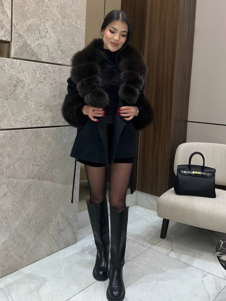 Brown Faux Fur Collar Wool Blend Belted Coats Elegant Wrap V Neck Long Sleeve Lace Up Jackets 2026 Lady Winter Autumn Outwear