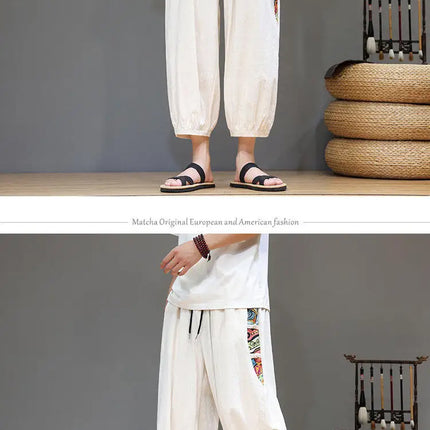Pantaloncini estivi da uomo Pantaloni casual traspiranti in cotone Pantaloni larghi tradizionali retrò streetwear al polpaccio Pantaloncini comodi da uomo