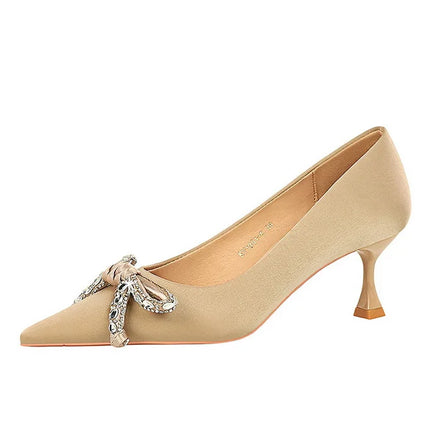 2025 nuevos tacones altos de 10 cm, zapatos de mujer con lazo de diamantes de imitación, punta puntiaguda, tacón de seda, zapatos de salón de mujer, tacón de copa de vino, zapatos de fiesta de primavera con tacón de aguja