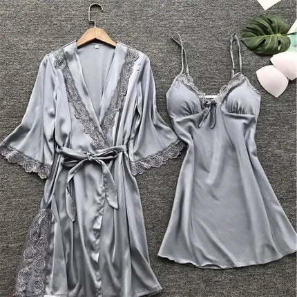 2PCS Women Lace Pajama Set Satin Home Pyjamas Lace Robe V-Neck Nightgown Bridal Silk Gown Women's Nightwear