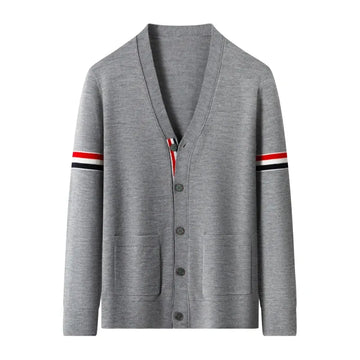 Designer Brand knitted cardigan men's autumn new classic color stripe trend pocket Korean casual side slit V-neck sweater coat