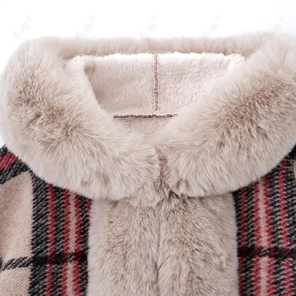 Faux Rabbit Fur Capes Coats Women Plaid Poncho Jackets Tassel Hooded Batwing Sleeves Open Stitch Loose Casual 2025 Autumn Winter