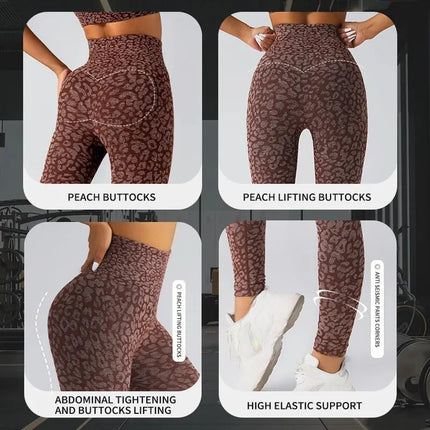 Women's Seamless Leopard Print Yoga Pants with Hip Lifting and High Waist Fitness Pants with High Elasticity PlatiNum