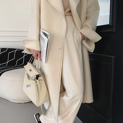 New Solid Korean Style Women Wool Coat Arch Needle Large Neck Versatile Fashion Texture Double Sided Trench Coats Female Winter
