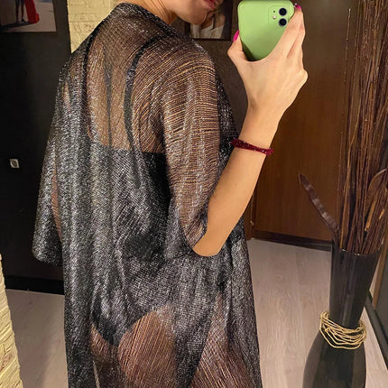 Abito copricostume da spiaggia lavorato a maglia trasparente con nappe sexy con frange Tunica in rete lucida per costumi da bagno da donna Abito da spiaggia leggero con copertura in rete platinumshop