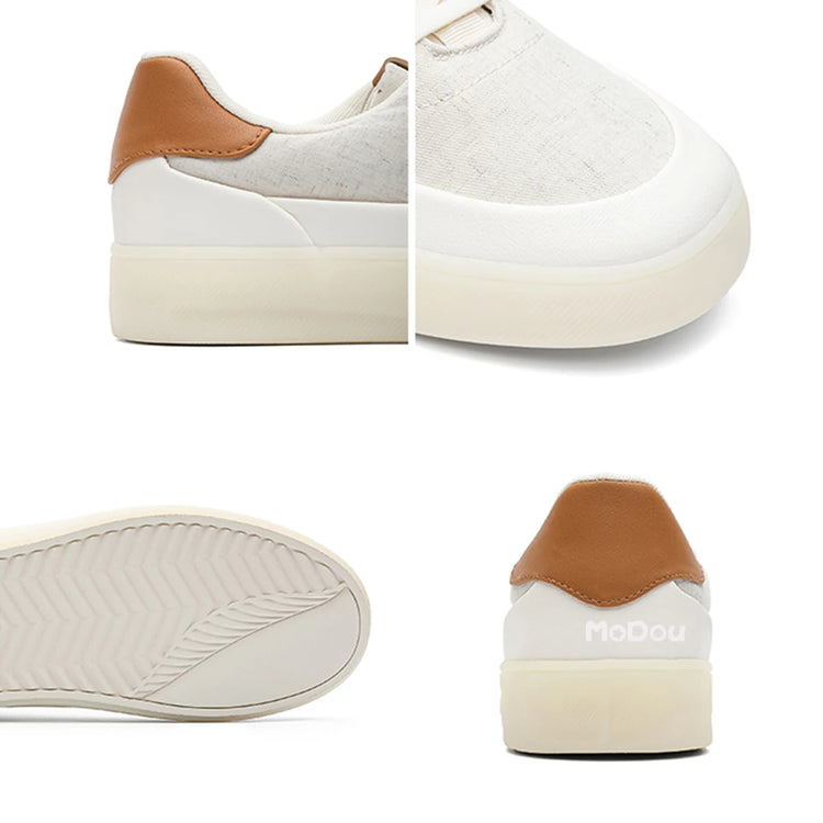 Men's Linen Canvas Platform Sneakers, Breathable Low‑Top Casual Skate Shoes, Retro Contrast Tan Trim Design, Soft Cushioned Thic