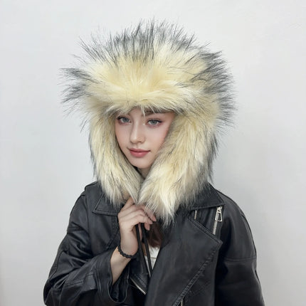 Y2K Fluffy Popular Russian Female Round Earflap Cap Faux Fur Winter Warm Hat For Women Faux Fox Raccoon Fur Beanies Bomber Gorra